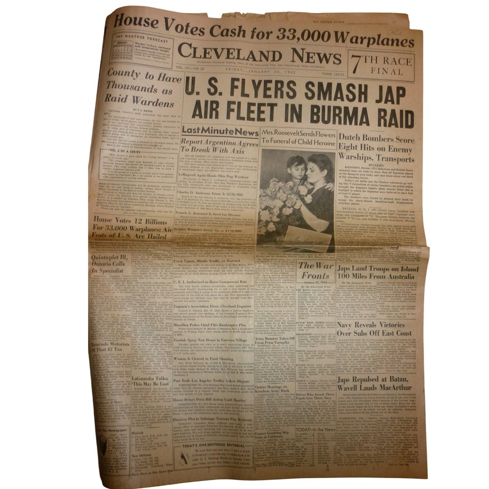 1942 Cleveland News Newspaper WWII Flying Tigers Burma Raid Warplanes Higbee Ads